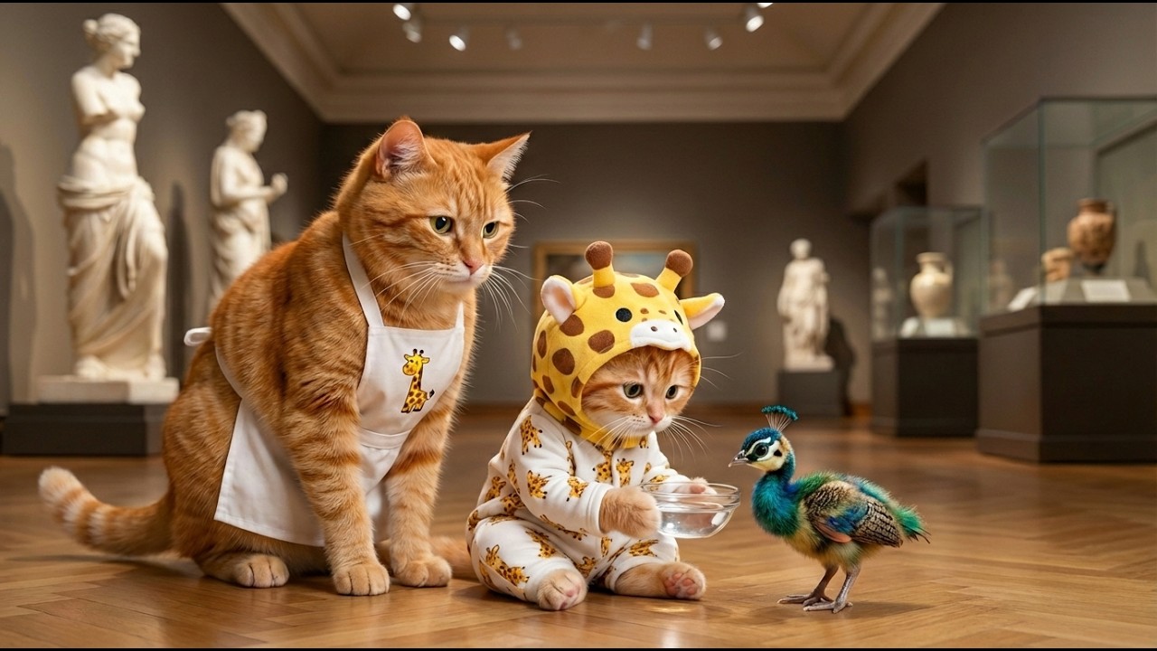 Ginger and Mama Cat Rescue a Thirsty Baby Peacock at the Museum 🦚💦
