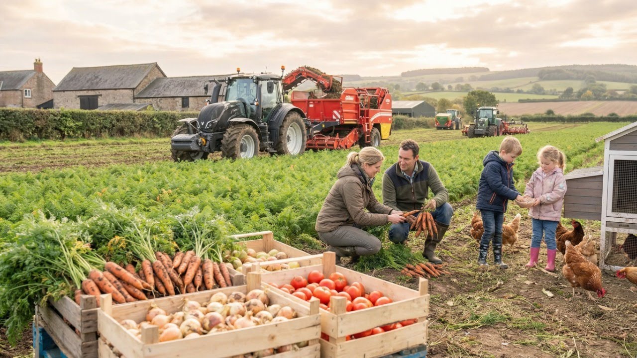 Harvesting Carrots, Onions, and Tomatoes with Modern Machinery  European Agriculture