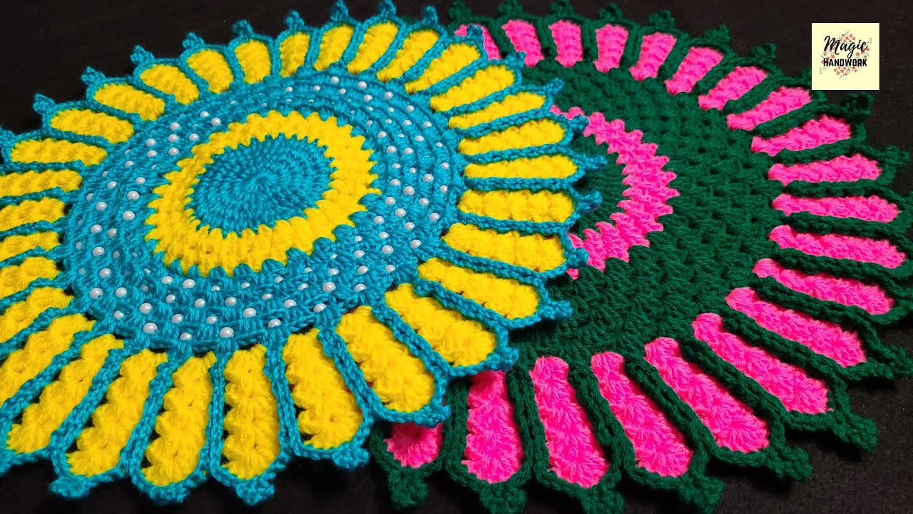 🦚 Peacock Woolen Thalpos, क्रोशिया से मोती थालपोश बनाना सीखें, Crochet Round Placemat, Crochet Doily