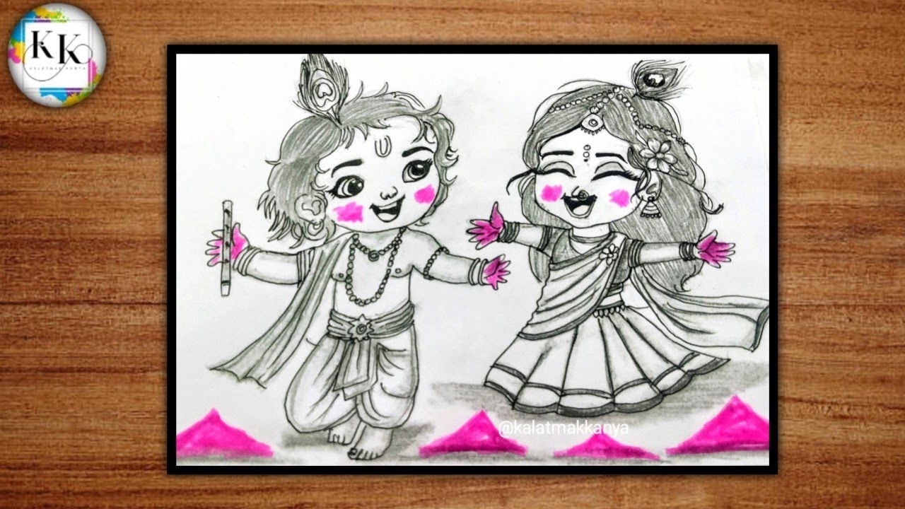 chitra, radha krishn playing holi drawing easy,radha krishna drawing,krishn radha ji Holi drawing 