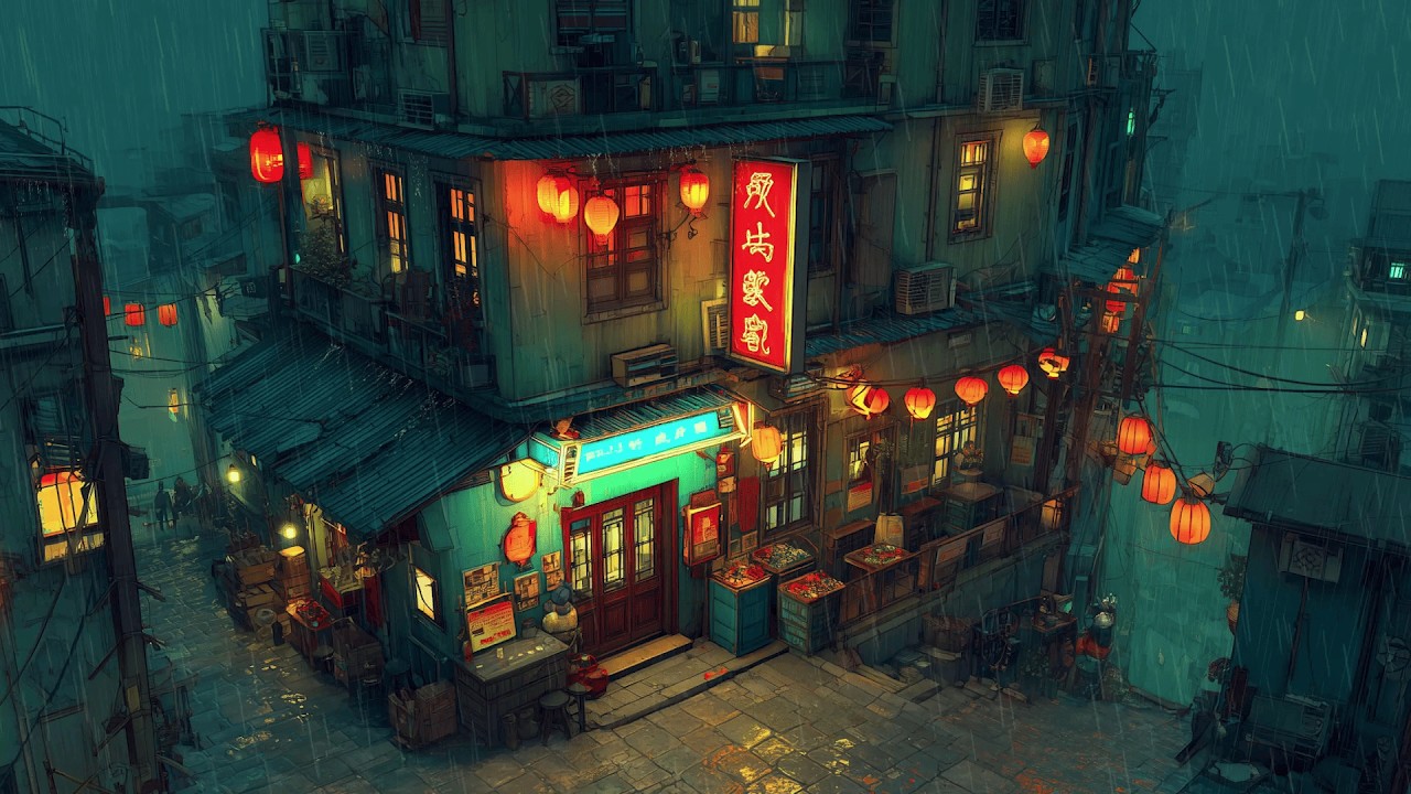 Rainy Kyoto Shopfront Streets 1980s 🌩️ Lofi Hip Hop & Chillhop | Rainy Ryokan Ambience