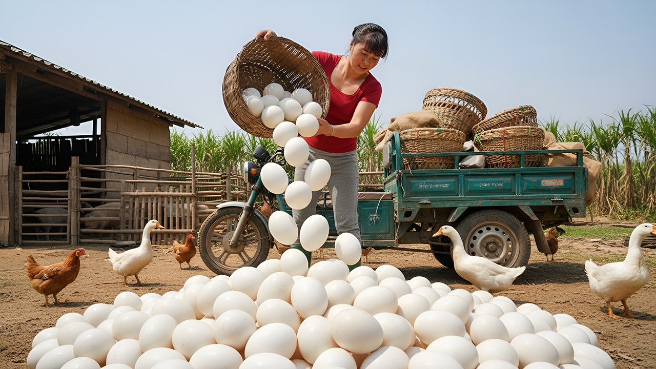 ¡Tantos Huevos de Pato! Recolectando y Cargando para Vender en el Mercado Rural