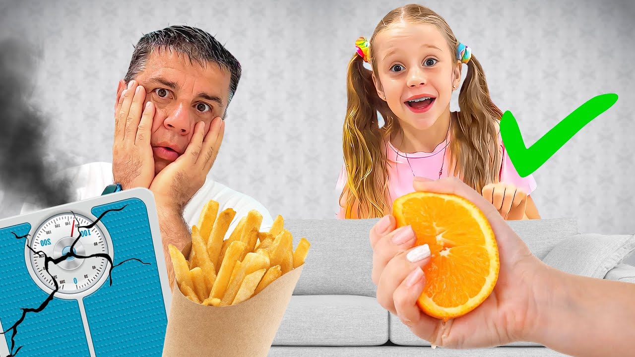 Nastya e pai compram alimentos saudáveis ​​para crianças e toda a família
