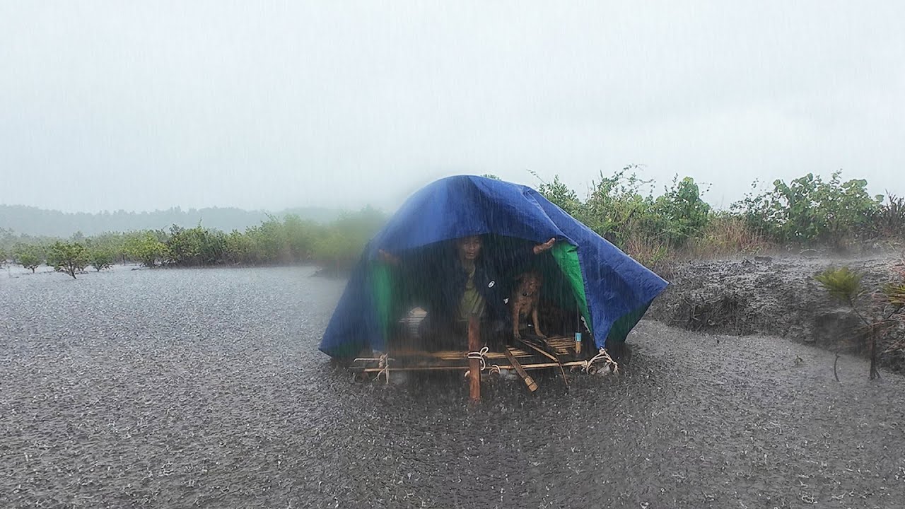Extreme Rainstorm Survival on a Floating Raft | Shelter Building With My Dog!