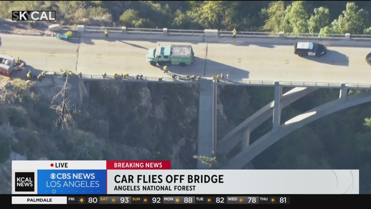 Car flies off bridge in Angeles National Forest