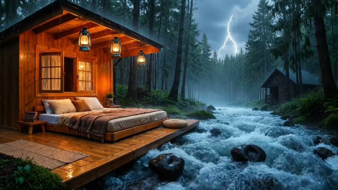 Sleeping or Relaxing music piano/ Flute  and Heavy raining Pure natural sound, ambient music,  💤💕🎹