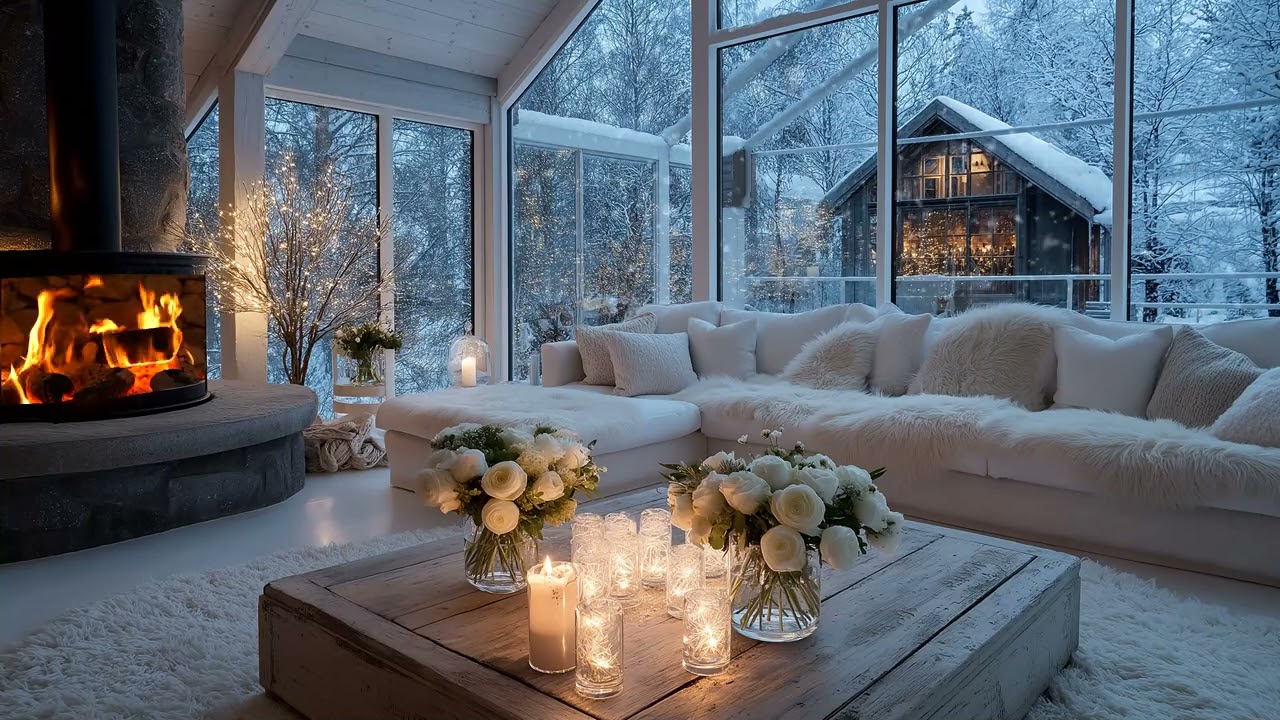 🎶 Peaceful Winter Lounge Piano | Soft Candle & Snowfall Scene (5 Hours) | Healing Study Relax Sleep
