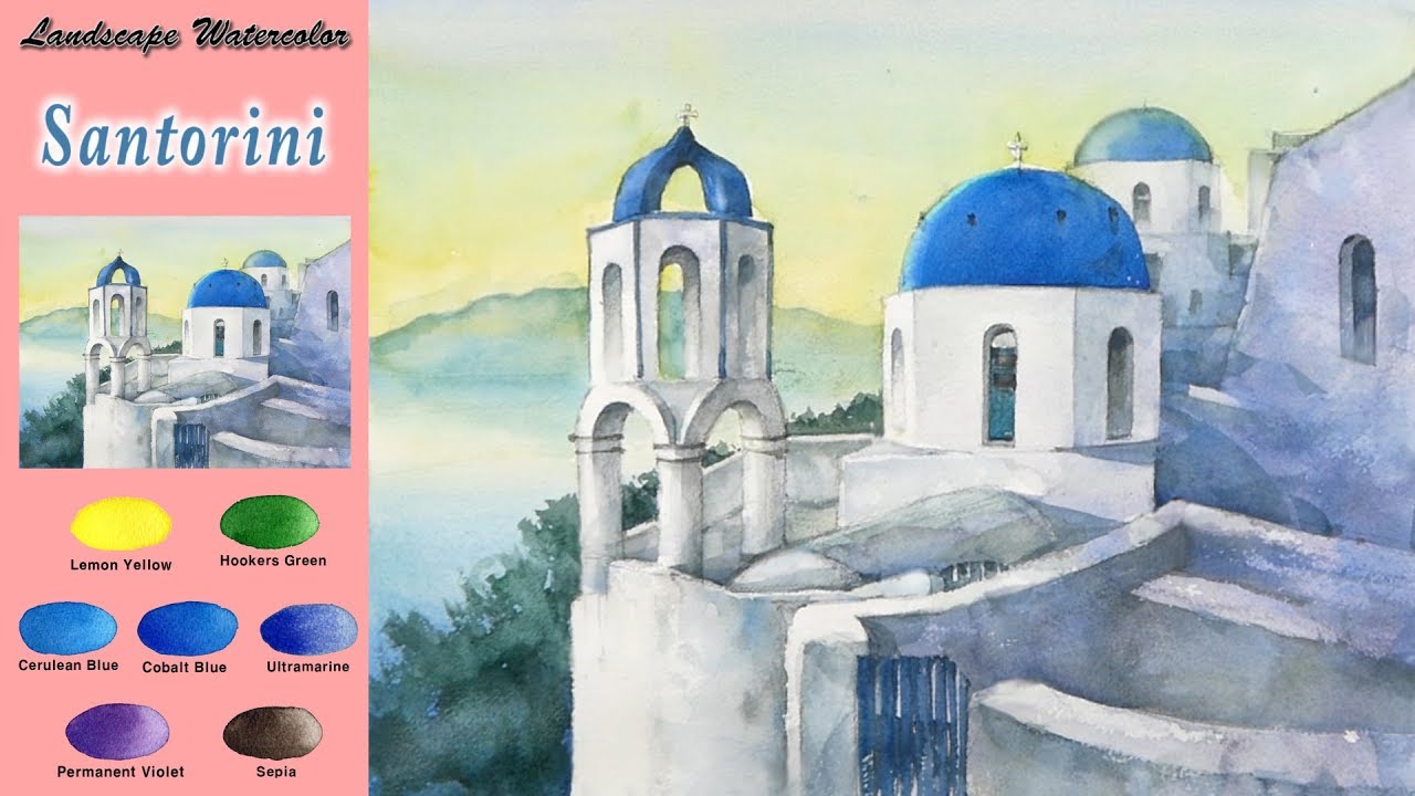 основной Пейзажная акварель - Санторини (sketch & coloring, Arches rough) NAMIL ART