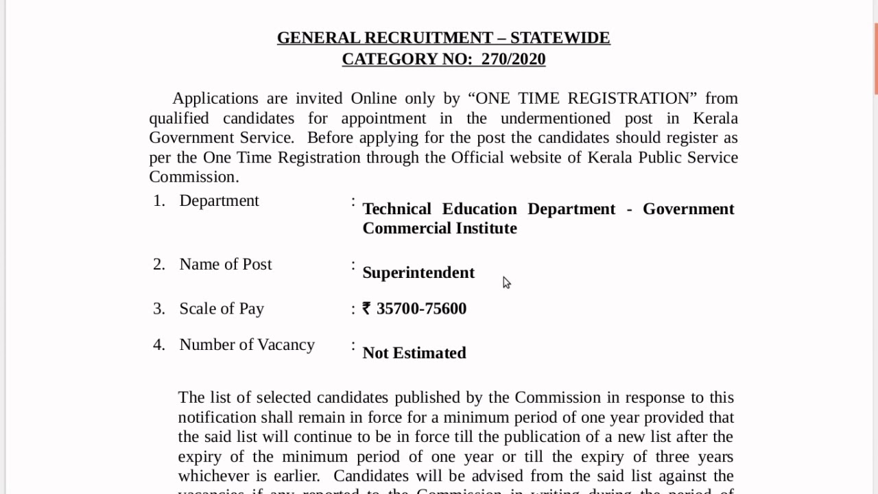 Kerala PSC Technical Education Department Superintendent