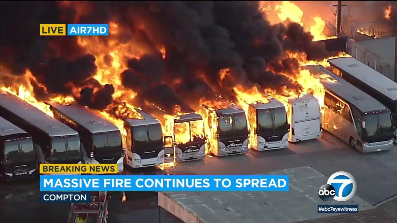 Massive fire at Compton industrial complex rips through structures, buses | ABC7