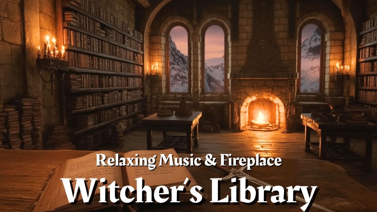 Witcher&rsquo;s Library at Kaer Morhen | Fantasy Ambience & Relaxing Music | Crackling Fireplace | 4K