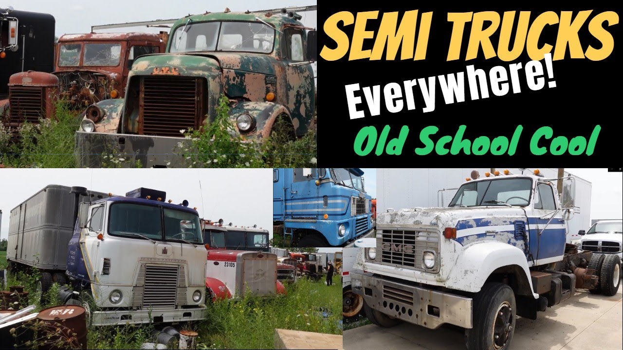 SEMI TRUCKS everywhere! Dodge, GMC, White, Marmon outside TRUCK Museum