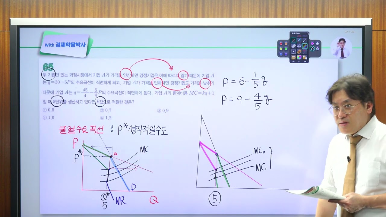[객관식 경제학연습 미시문풀 288] (기출핵심) 제15장 과점시장 65번 - 굴절수요곡선 가격 경직적인 한계비용 범위 계산[중요도] ★  [난이도] ★★★