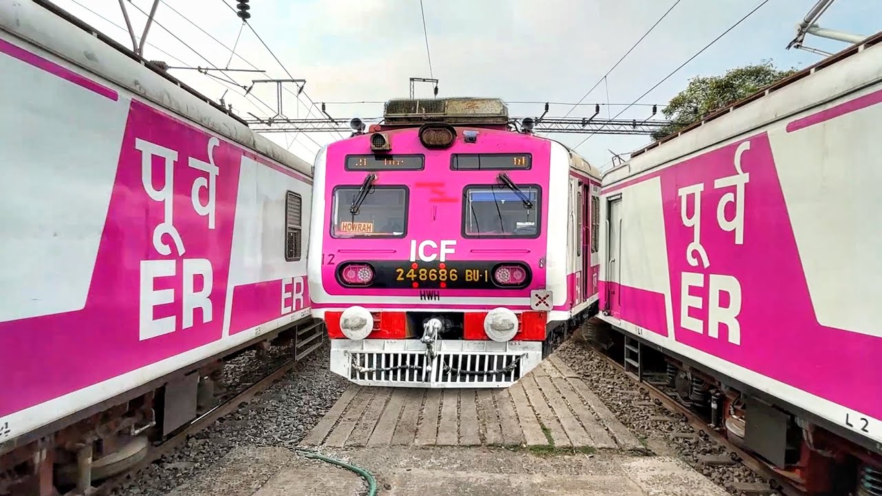 Brand new Pink colour EMU local trains perfect parallel crossing!