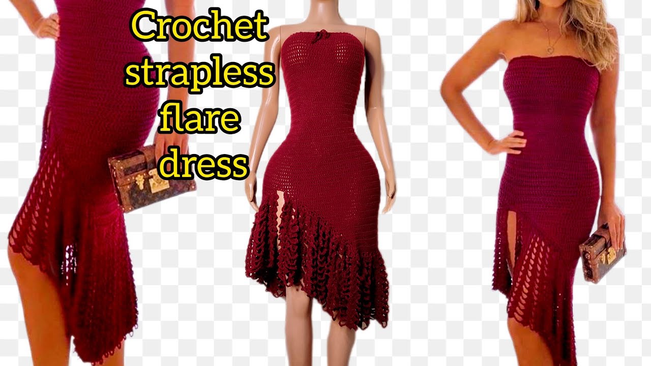 Как связать крючком платье без бретелек с расклешенным краем / Урок по вязанию крючком платья, по...