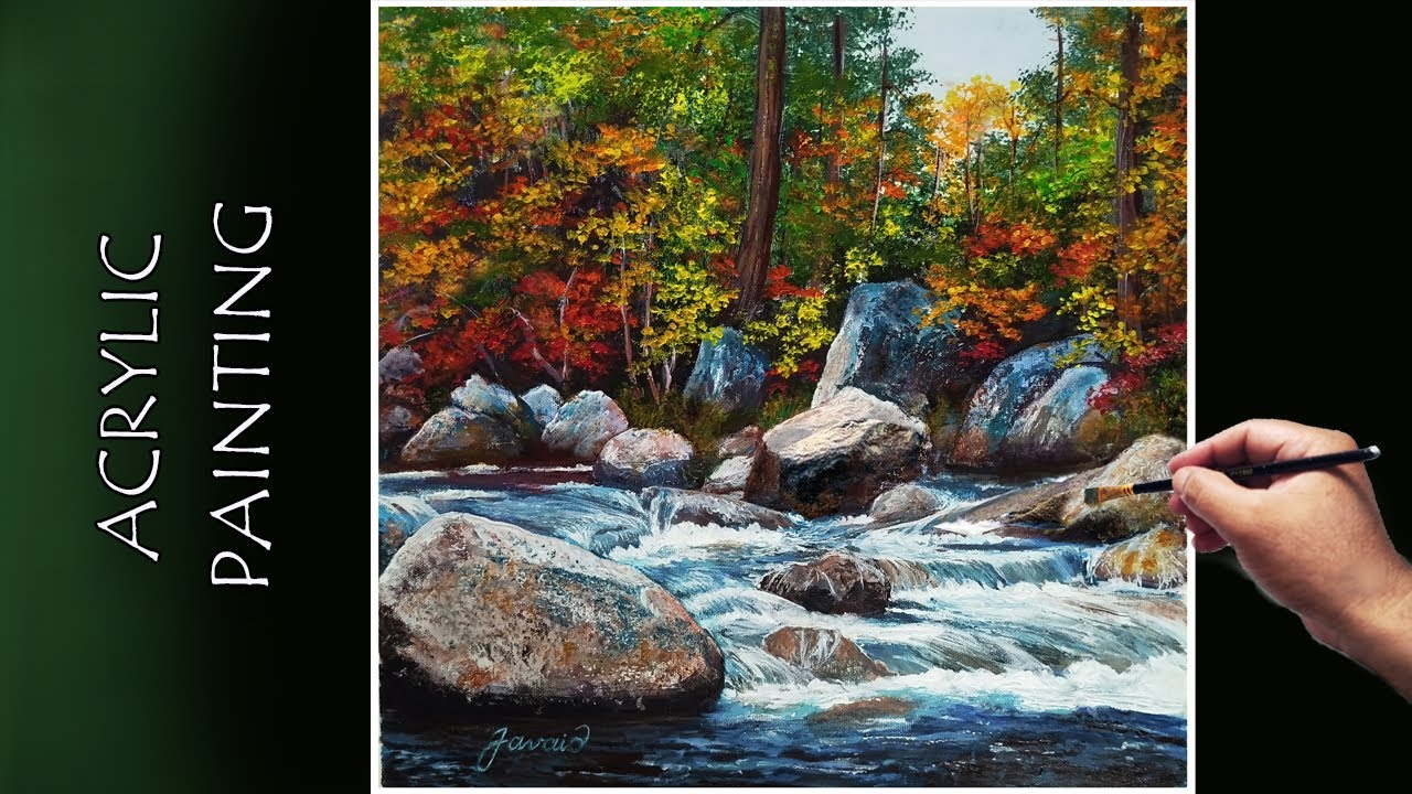 How to Paint a Mountain Stream with Autumn Jungle in Acrylics | Easy Landscape for Beginners