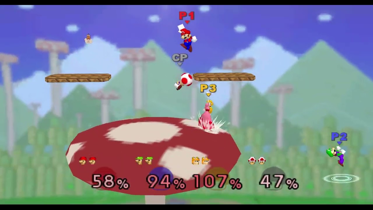 Super Smash Bros 1 Wave 1.5 - Mario vs Luigi vs Peach vs Toad Mushroom Kingdom Edition no TAS