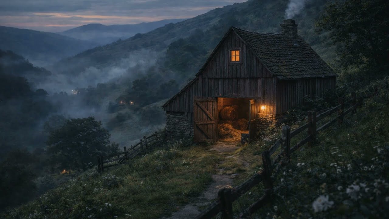 Rustic Barn at Dusk Ambience with Soft Music 🌙 8 HOURS 🌙 Quiet Countryside Escape Ambience