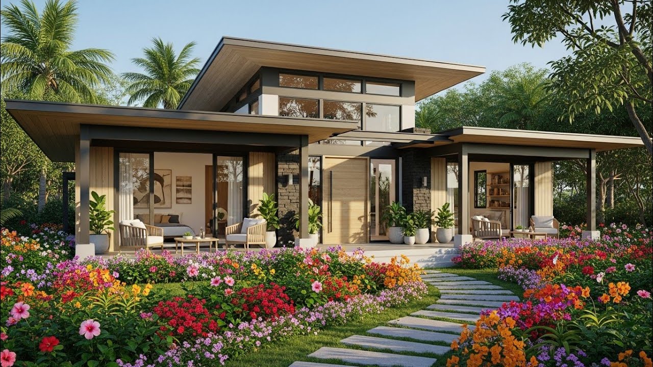 Modern Tropical House Surrounded by a Lush Flower Garden