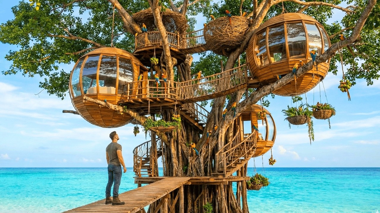 Incredible – a Man Builds a Modern Treehouse from Scratch on a Remote Desert Island (Survival ASMR)