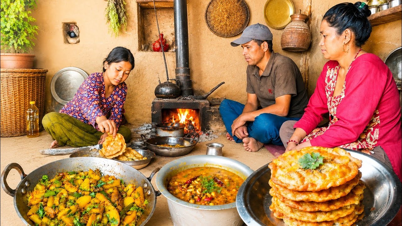 Nepali Village Cooking || Dal Bhat, Spicy Potato Curry & Egg Bread on a Wood-Fired Stove ||