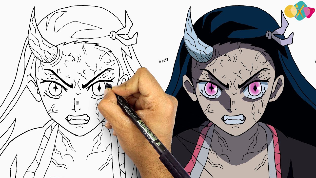 رسم انمي قاتل الشياطين || تعلم طريقة و كيفية رسم نيزوكو من انمي قاتل الشياطين