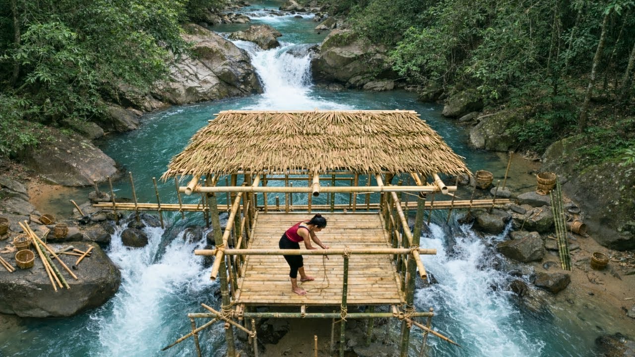 Building an Outdoor Bamboo Bathroom in a Fast-Flowing Stream – Living Alone in the Forest