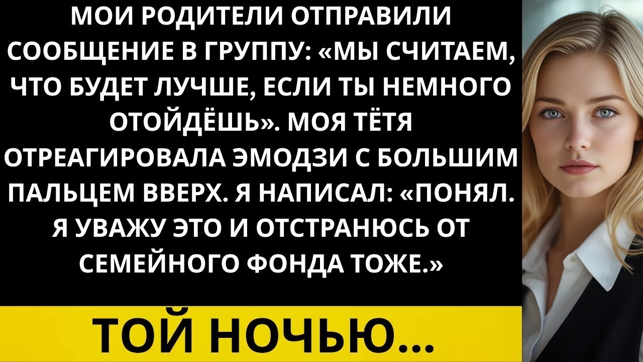 Мои родители отправили групповое сообщение  Мы думаем, тебе стоит на время отойти в сторону…