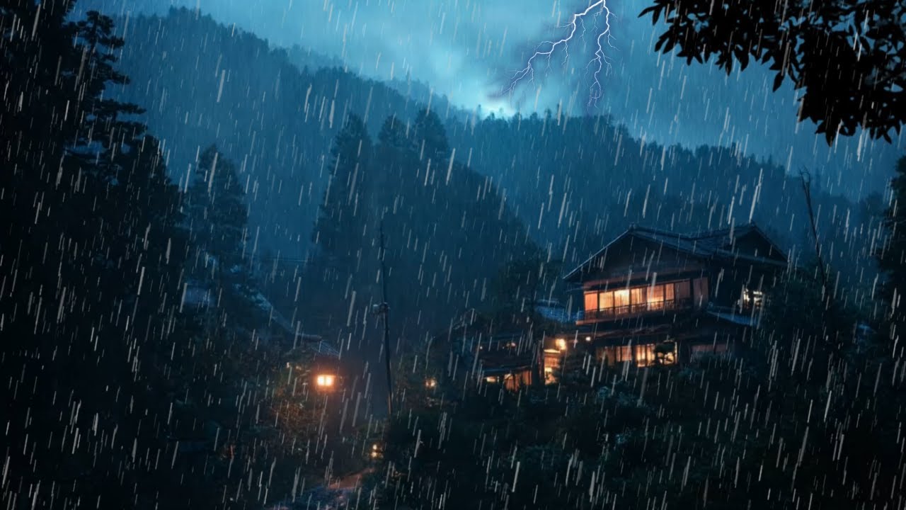 Heavy Rain Tranquil Rain Sounds beneath Misty Rural Night Sky for Stress Release 🌧️