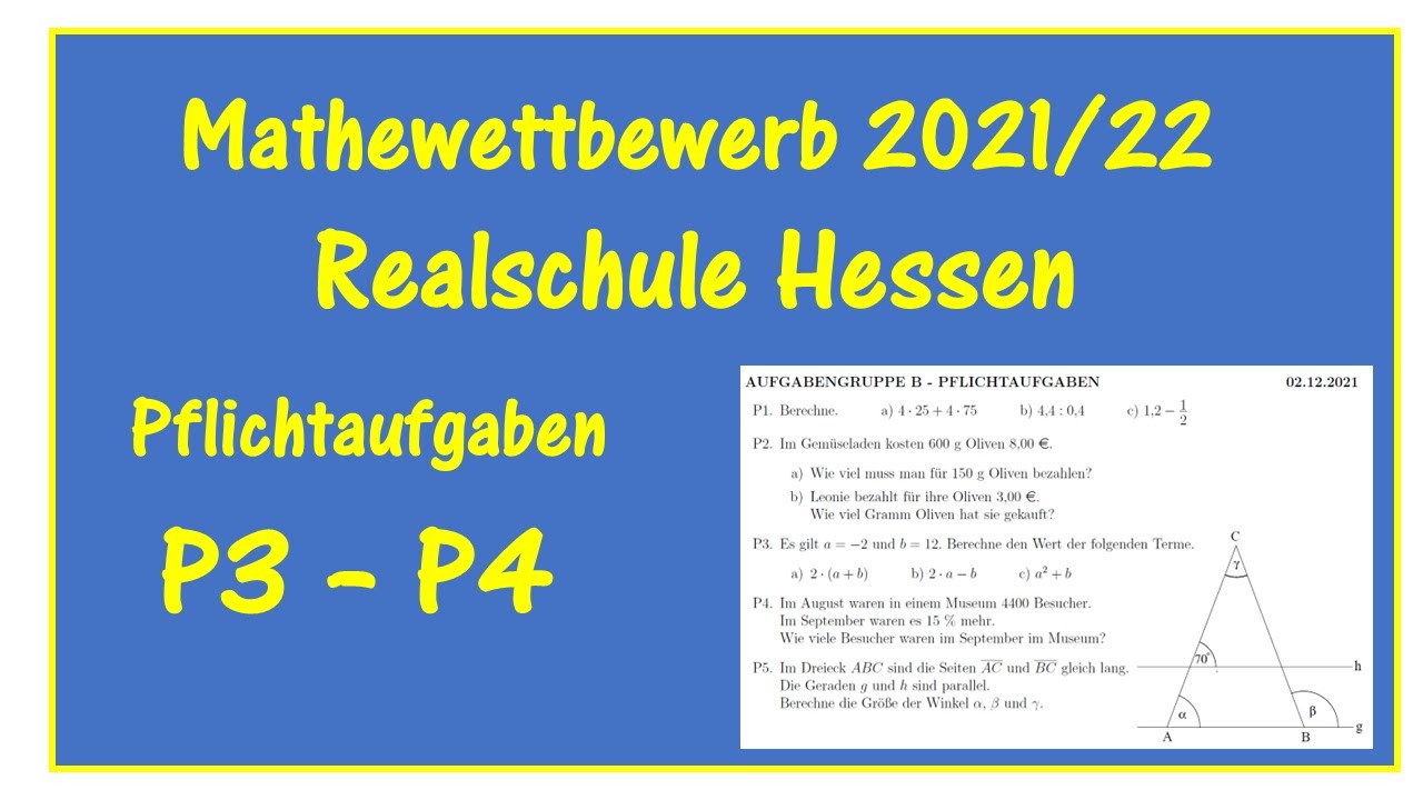 P3 - P4 Pflichtaufgaben Mathewettbewerb 2021/22 Realschule Aufgabengruppe B Hessen