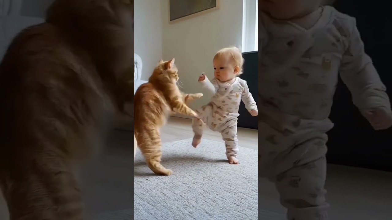 Cat fighting with baby 