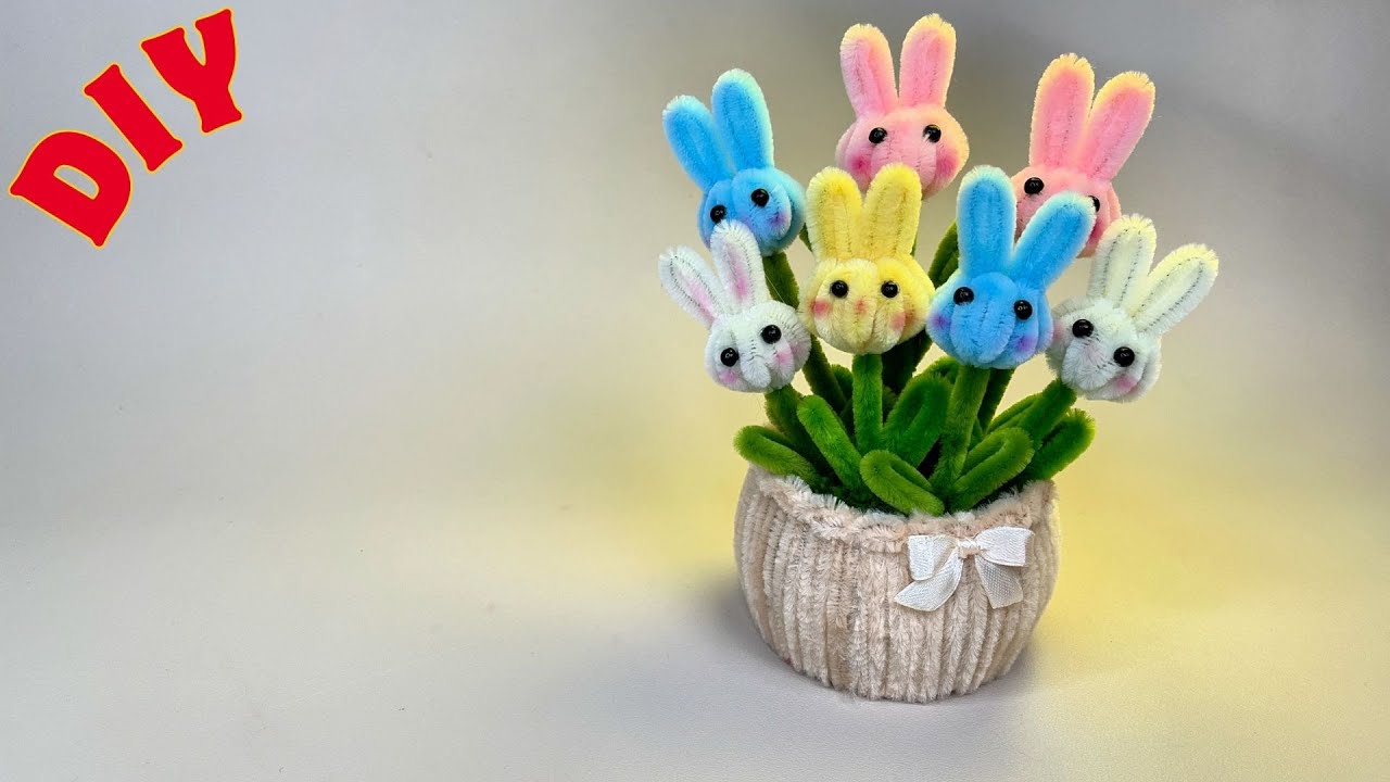 Cách làm Chậu Hoa Thỏ dễ thương bằng Kẽm Nhung💝Cute Bunny Pipe Cleaner Flower Pot DIY #diy #kemnhung