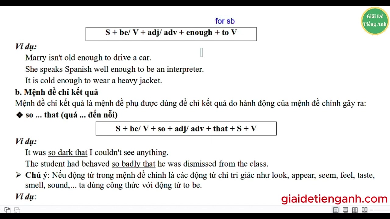 Giải thích cấu trúc:  So..that/ Such...that/ Too....to/ Enough...to