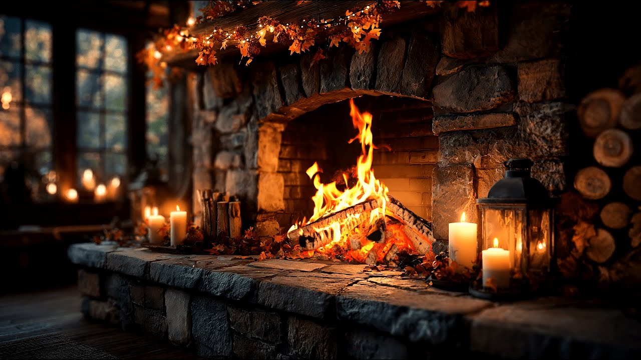Peaceful Autumn Fireplace 4K with Crackling Logs - Rustic Cozy Ambience for Stress & Insomnia Relief