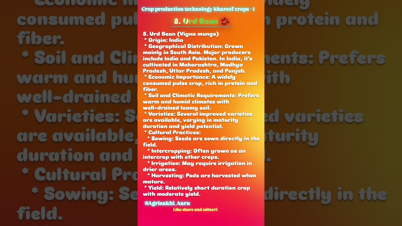 Crop production technology kharif crops-1 urd beans 🫘 black gram one shot video with short notes