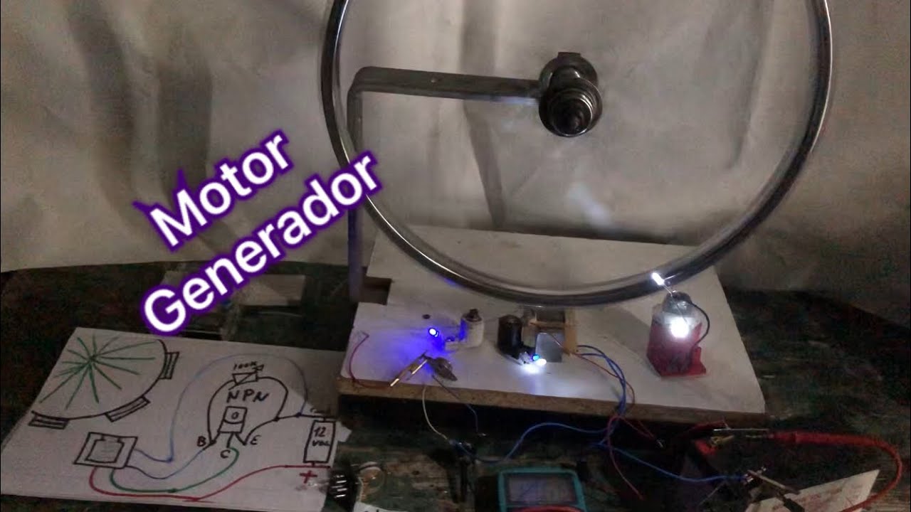 Motor generador con rueda de bicicleta y un transistor