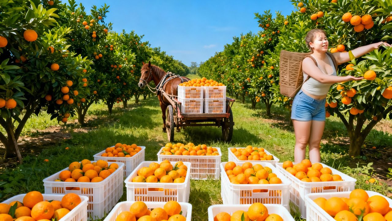 Harvesting 2000 KG Sweet Oranges on High Mountains - Use Horse Cart to Transport and SELL