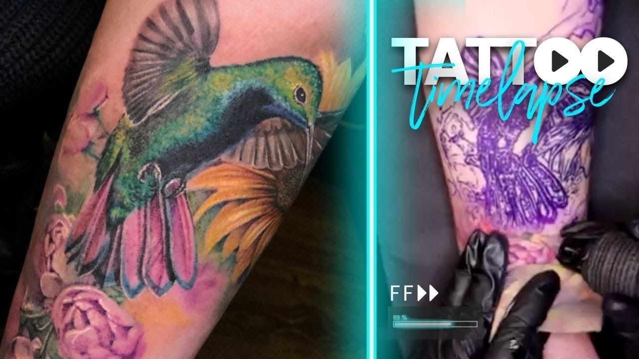 Hummingbird & Flowers Lower Arm⚡Tattoo Time Lapse by Tattoo Artist Electric Linda