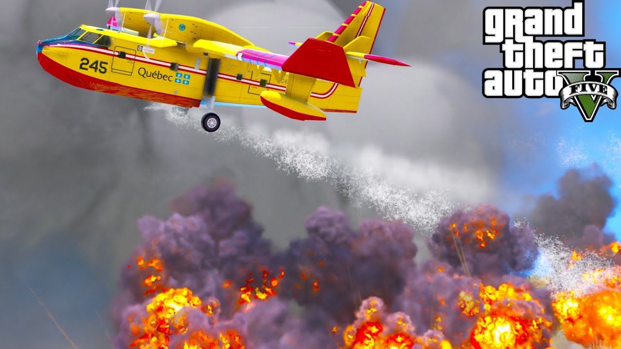 Мод пожарного GTA 5: самолёт-бомбардировщик CL415 борется с лесным пожаром