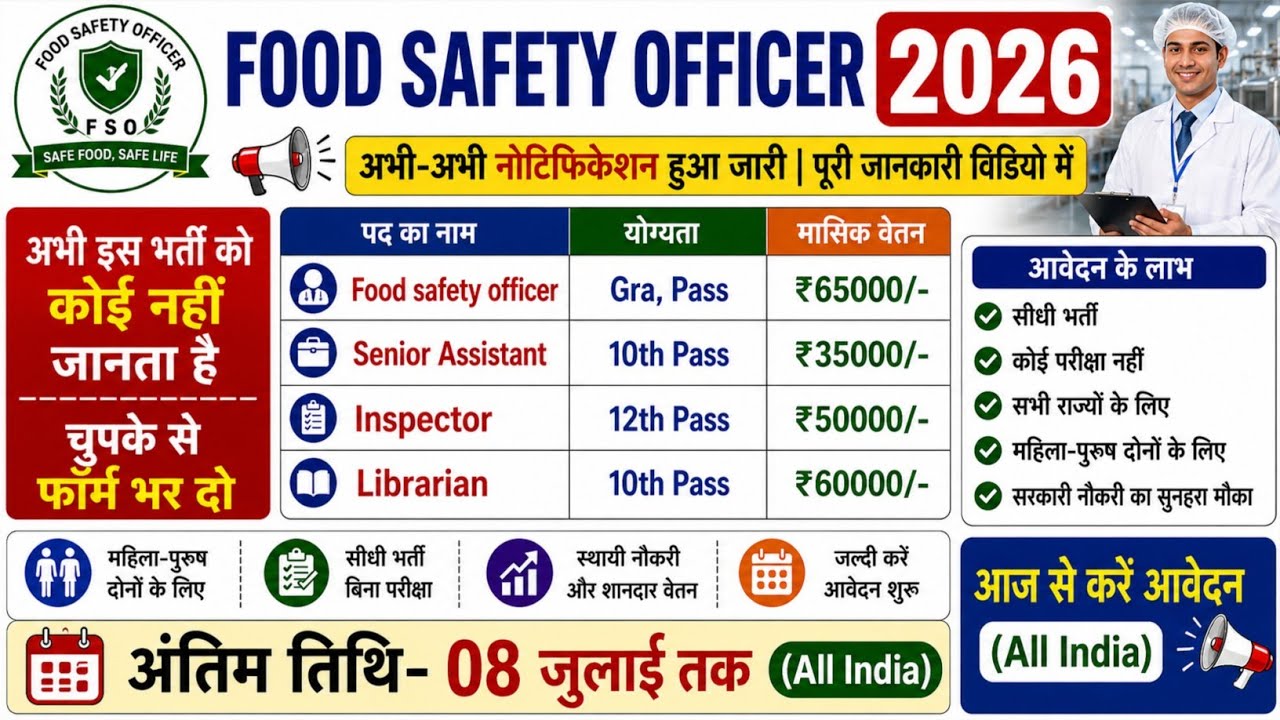 Food Safety Officer Bharti, Salary- 70000 | Government Job Vacancy 2026 | New Vacancy 2026