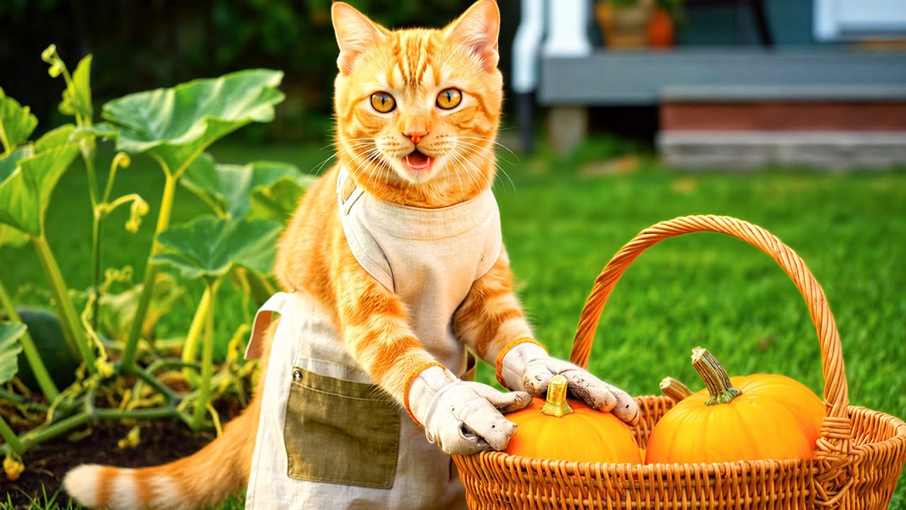 La vida diaria de los gatos 😹 Cosecha de calabazas cultivadas en el jardín