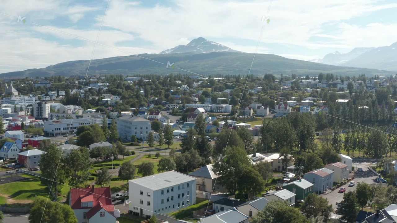 Birds eye top view of the colorful rooftop and the urban panorama of Reykjavik, capital city of