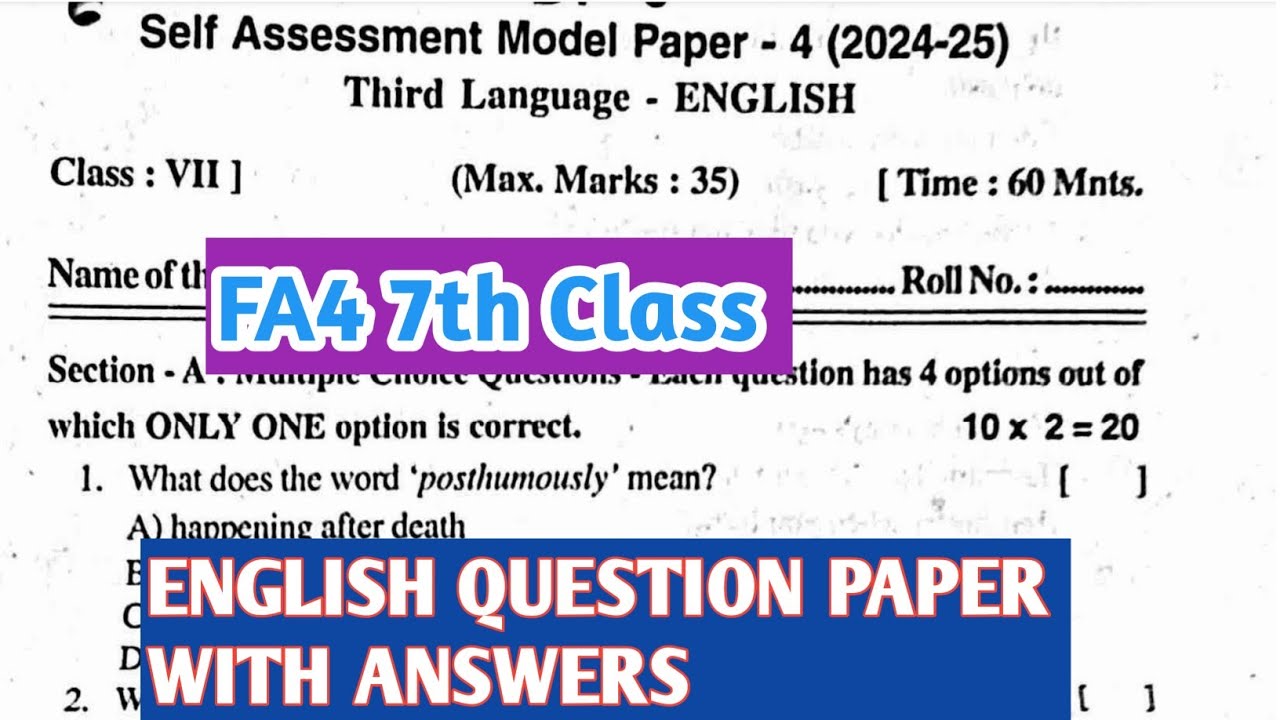 7th Class FA4 English Question Paper with Answers| Model Paper 2026 |