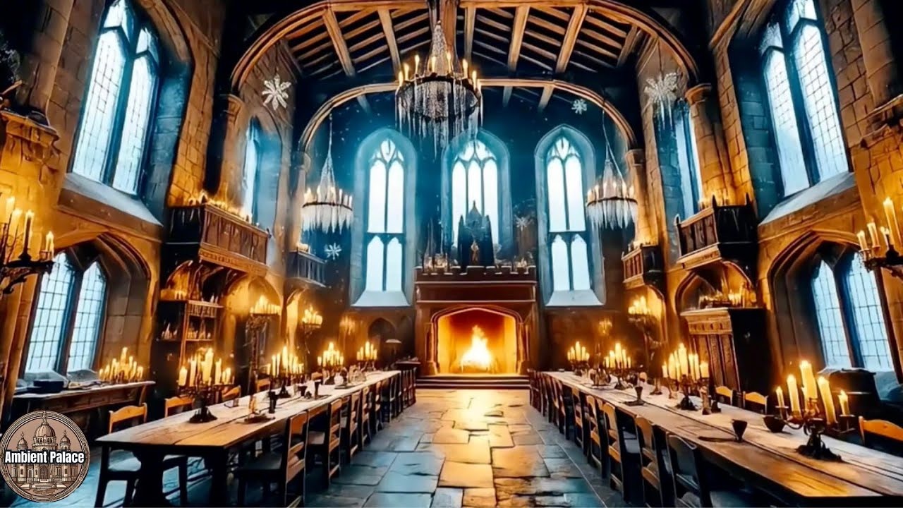 Medieval Great Hall Ambience 🔥 Crackling Fireplace and Winter Wind Sounds