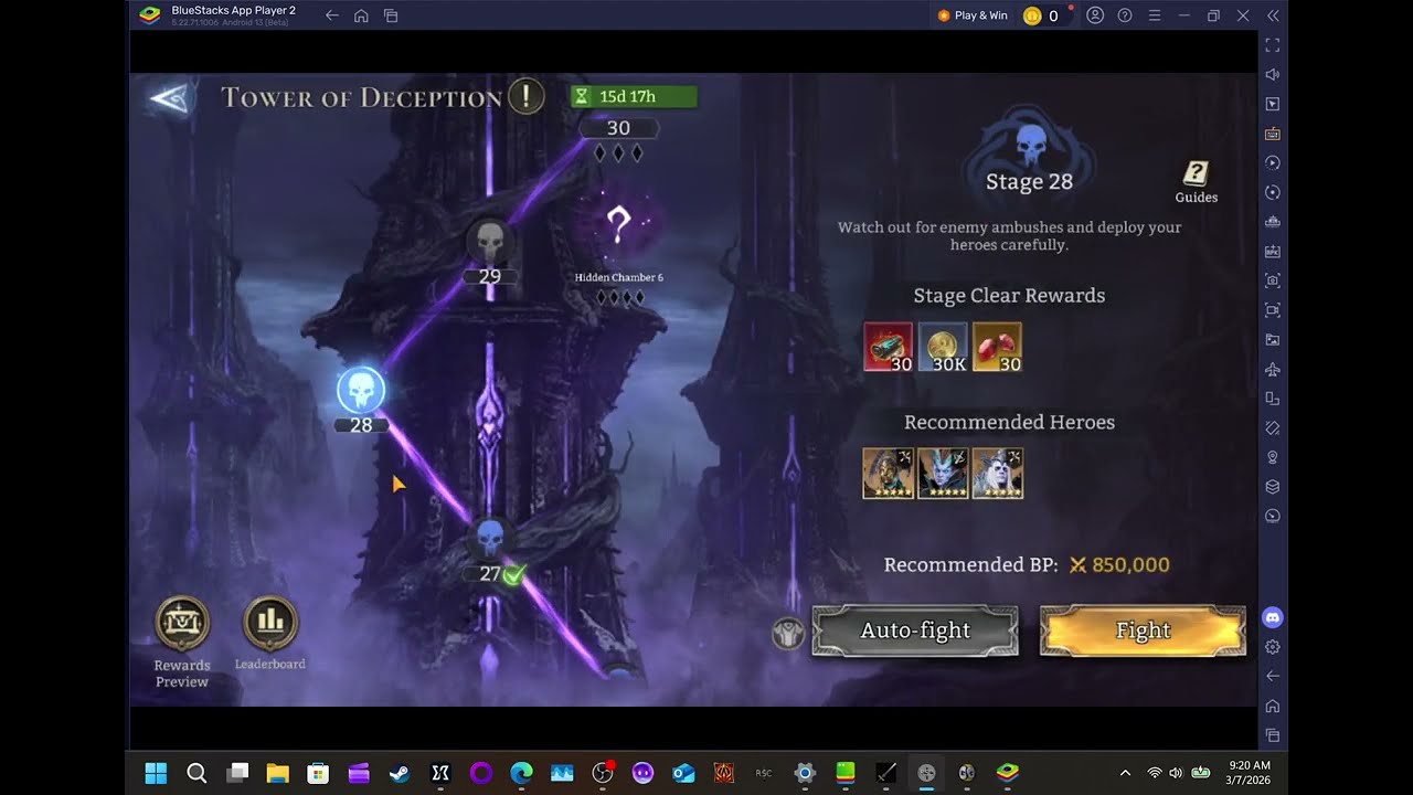 [Talin] on [Stage 27] [Tower of Deception] w/ [Rivenhald] heals. [Flame skulls] do massive dmg.