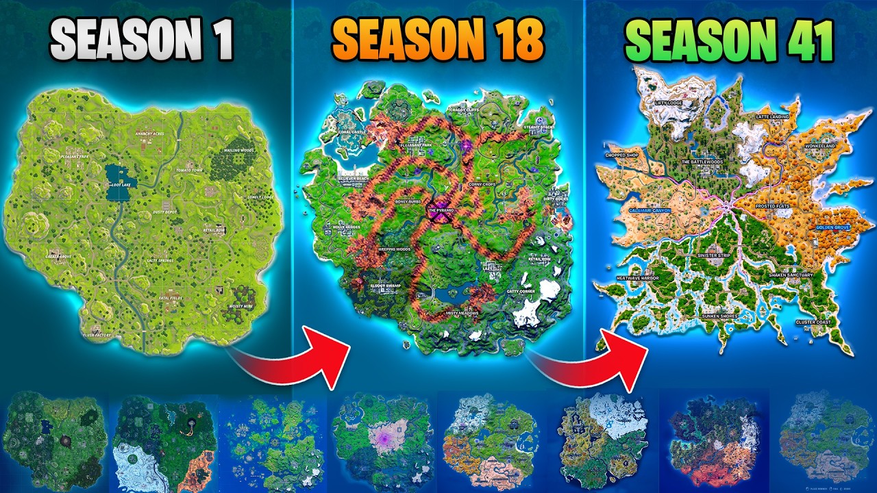 Эволюция карты Fortnite (Глава 1 Сезон 1 &mdash; Глава 7 Сезон 3)