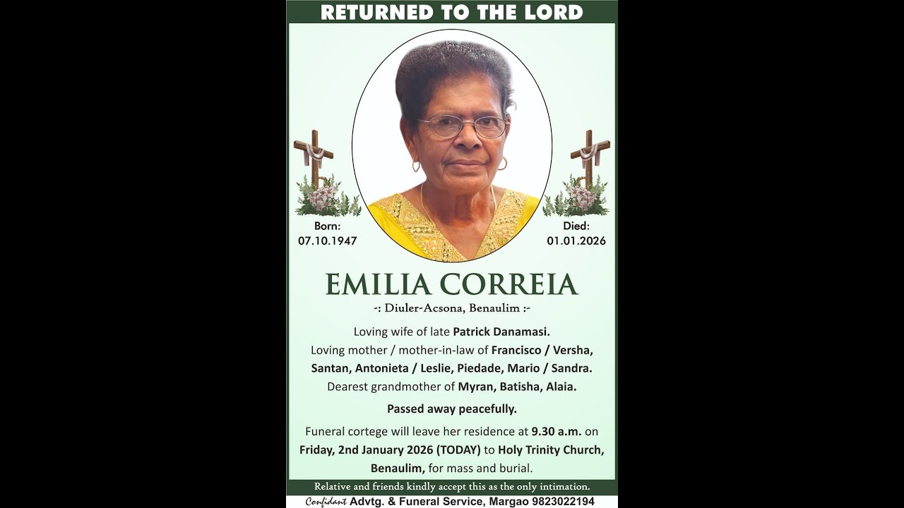 Funeral Mass | Emilia Correia | 02nd January 2026 | Holy Trinity Church, Benaulim.