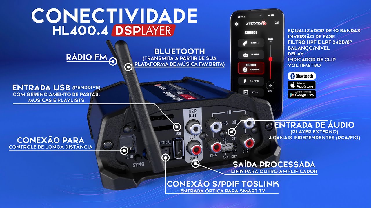 STETSOM - HL400.4 DSPLAYER - Com Processador de Áudio Integrado, com Bluetooth, FM, Pendrive...