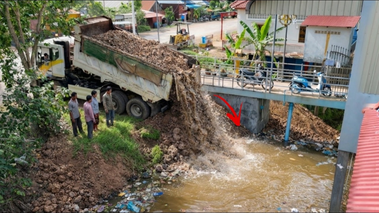 Complete100% In Flooded Village Quickly Working by Dump Truck DAEWOO Uploading Soil and Dozer Pour s