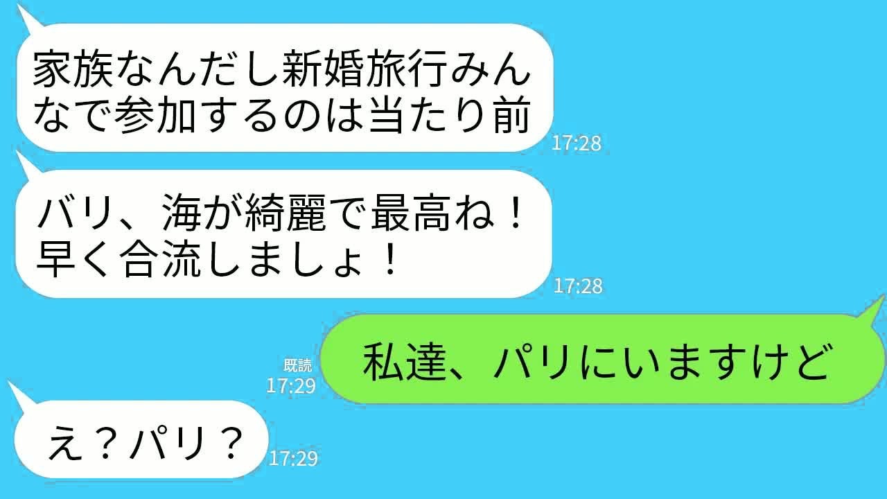 【LINE】旅費ととホテル代を奢らせる前提で私たちの新婚旅行先で待ち伏せしてくる義実家「バリ最高！早く合流しましょw」→浮かれる義実家がとんでもない勘違いに気付いた時の反応がwww